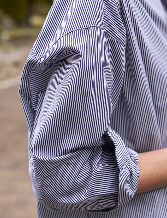 Frank &amp; Eileen Shirley Oversized Button Up Shirt - Navy Stripe-Shirts-West of Woodward Boutique-Vancouver-Canada