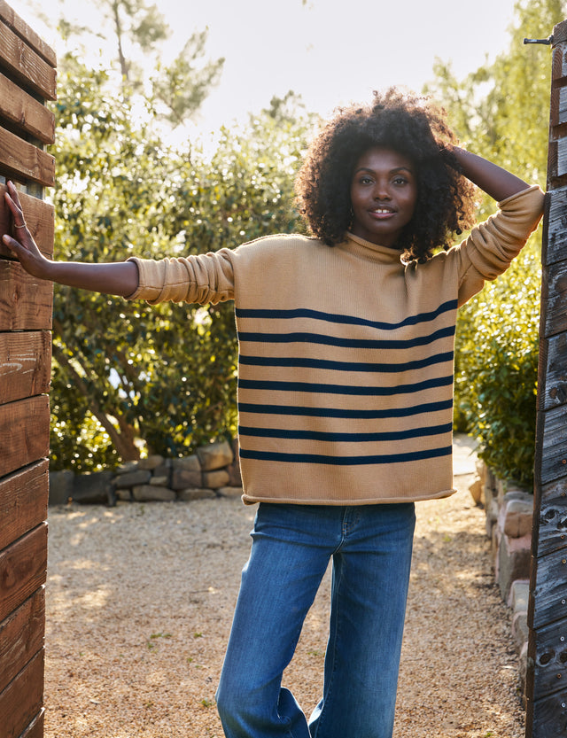 Frank & Eileen Monterey Knit Sweater Camel Navy Stripe-Sweaters-West of Woodward Boutique-Vancouver-Canada