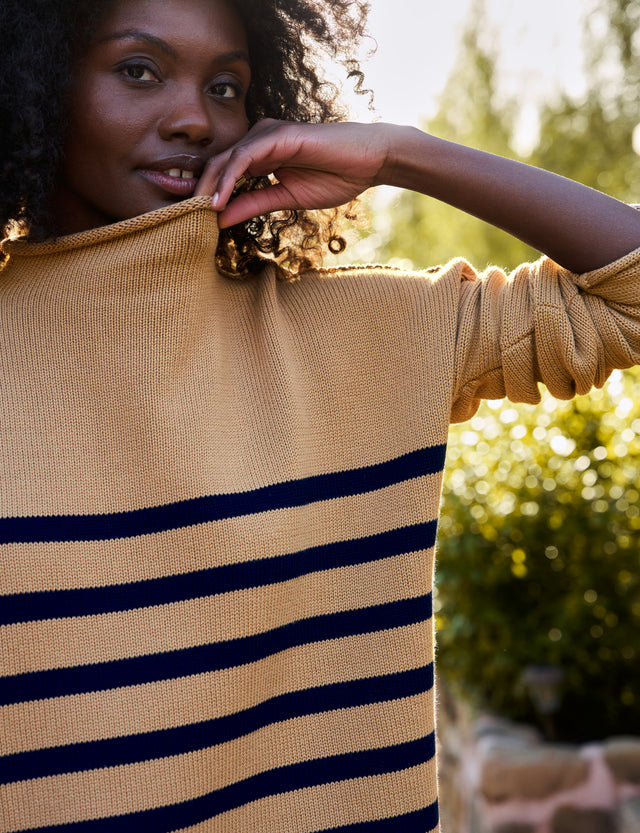 Frank &amp; Eileen Monterey Knit Sweater Camel Navy Stripe-Sweaters-West of Woodward Boutique-Vancouver-Canada