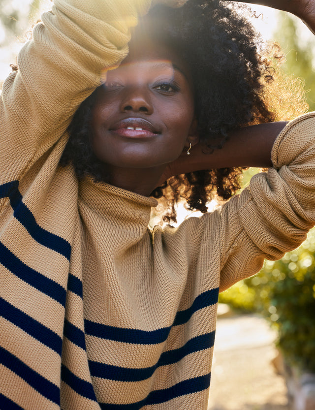 Frank &amp; Eileen Monterey Knit Sweater Camel Navy Stripe-Sweaters-West of Woodward Boutique-Vancouver-Canada