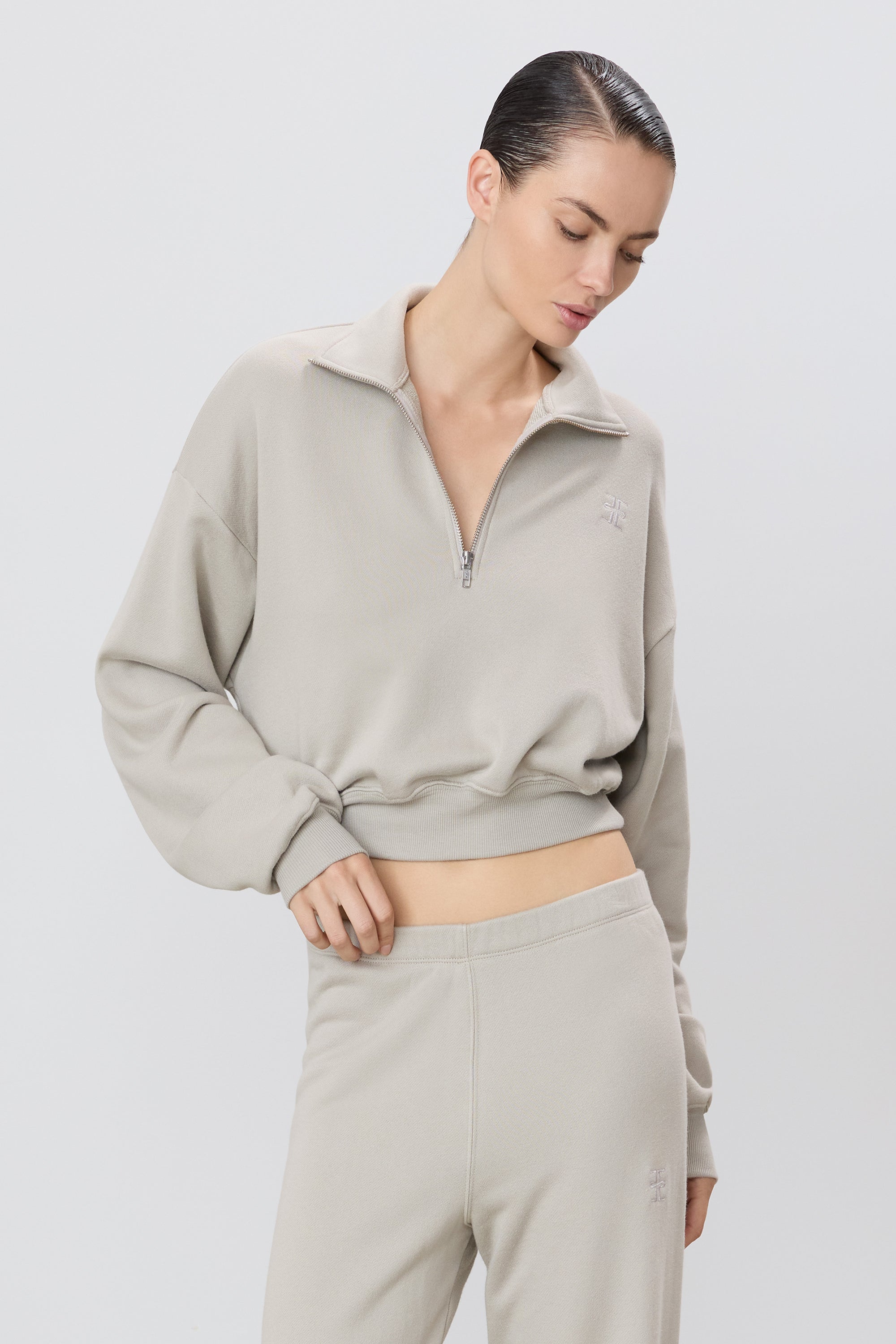 Eterne Cropped Half Zip Sweatshirt Dove-Sweatshirts-West of Woodward Boutique-Vancouver-Canada