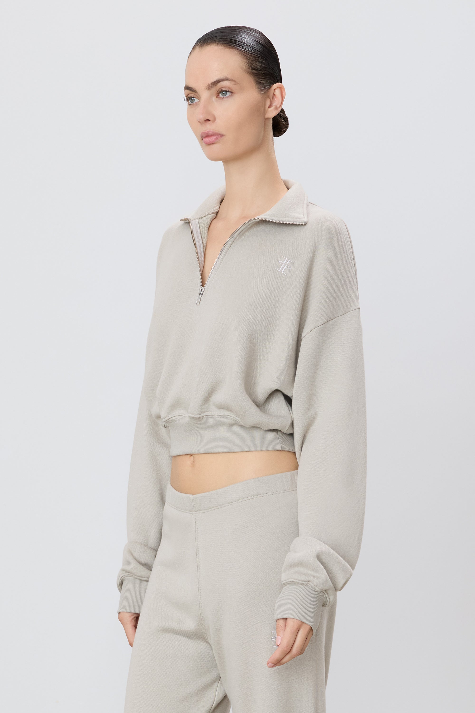 Eterne Cropped Half Zip Sweatshirt Dove-Sweatshirts-West of Woodward Boutique-Vancouver-Canada