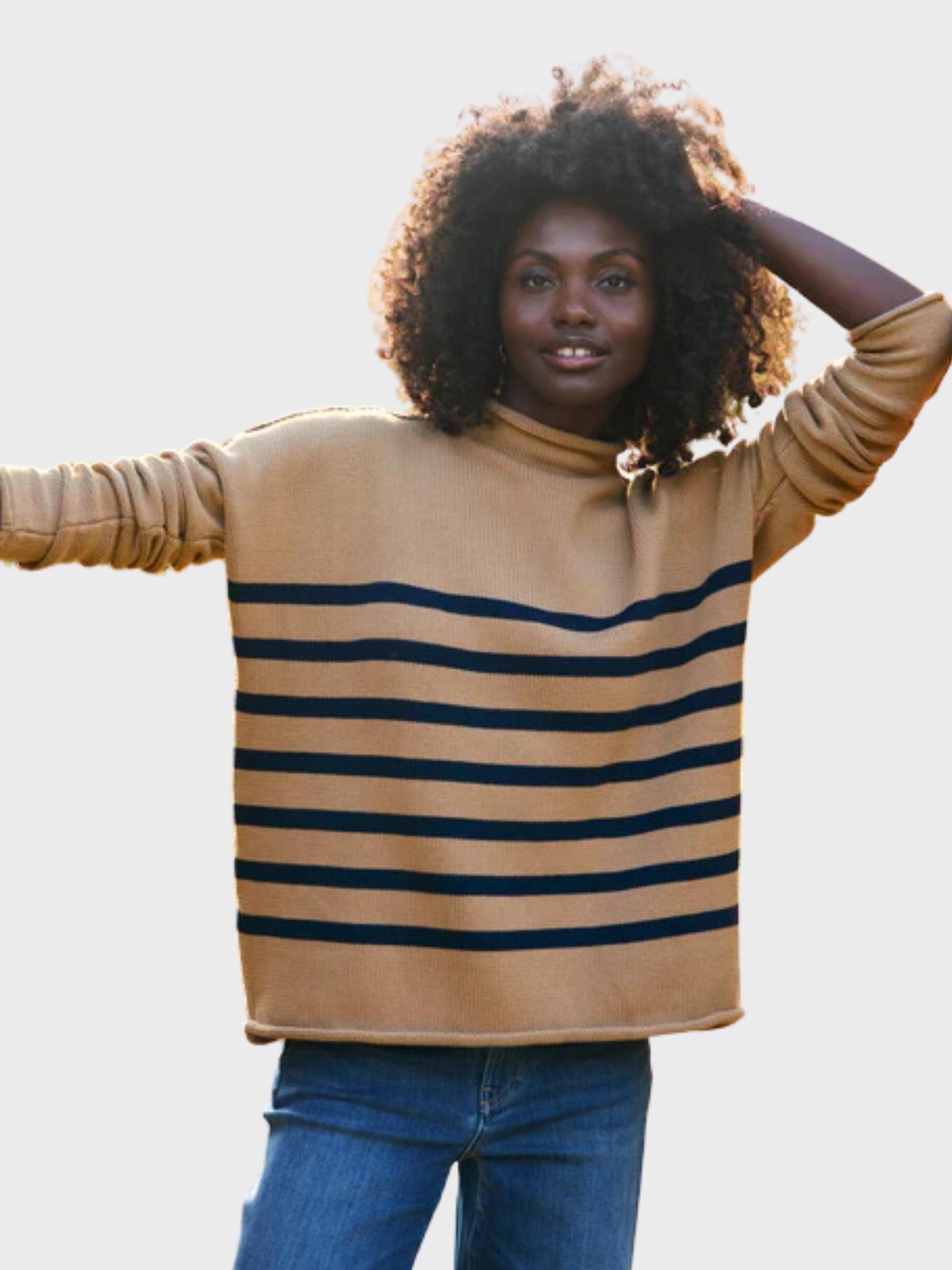 Frank & Eileen Monterey Knit Sweater Camel Navy Stripe-Sweaters-West of Woodward Boutique-Vancouver-Canada