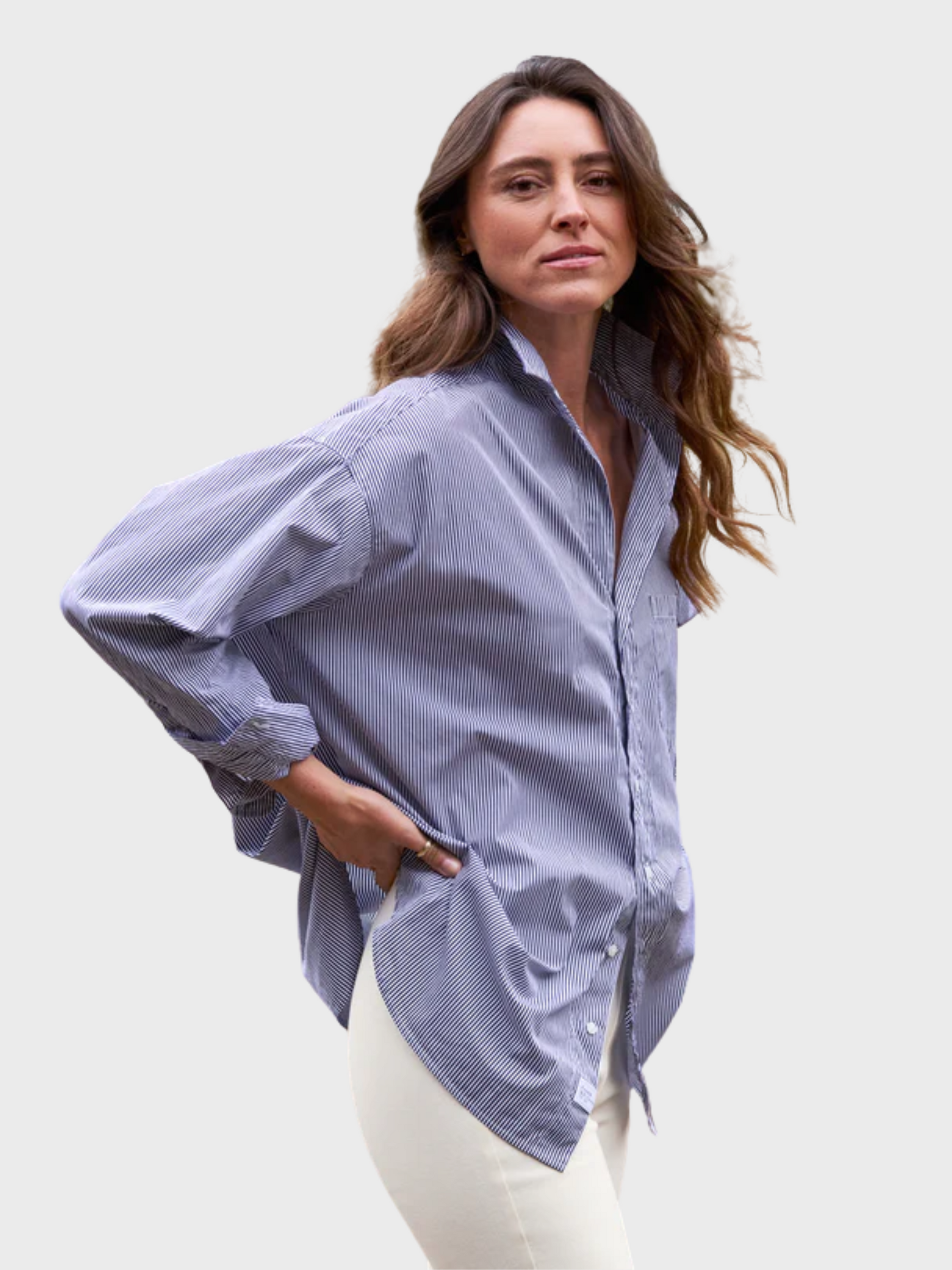 Frank & Eileen Shirley Oversized Button Up Shirt - Navy Stripe-Shirts-West of Woodward Boutique-Vancouver-Canada