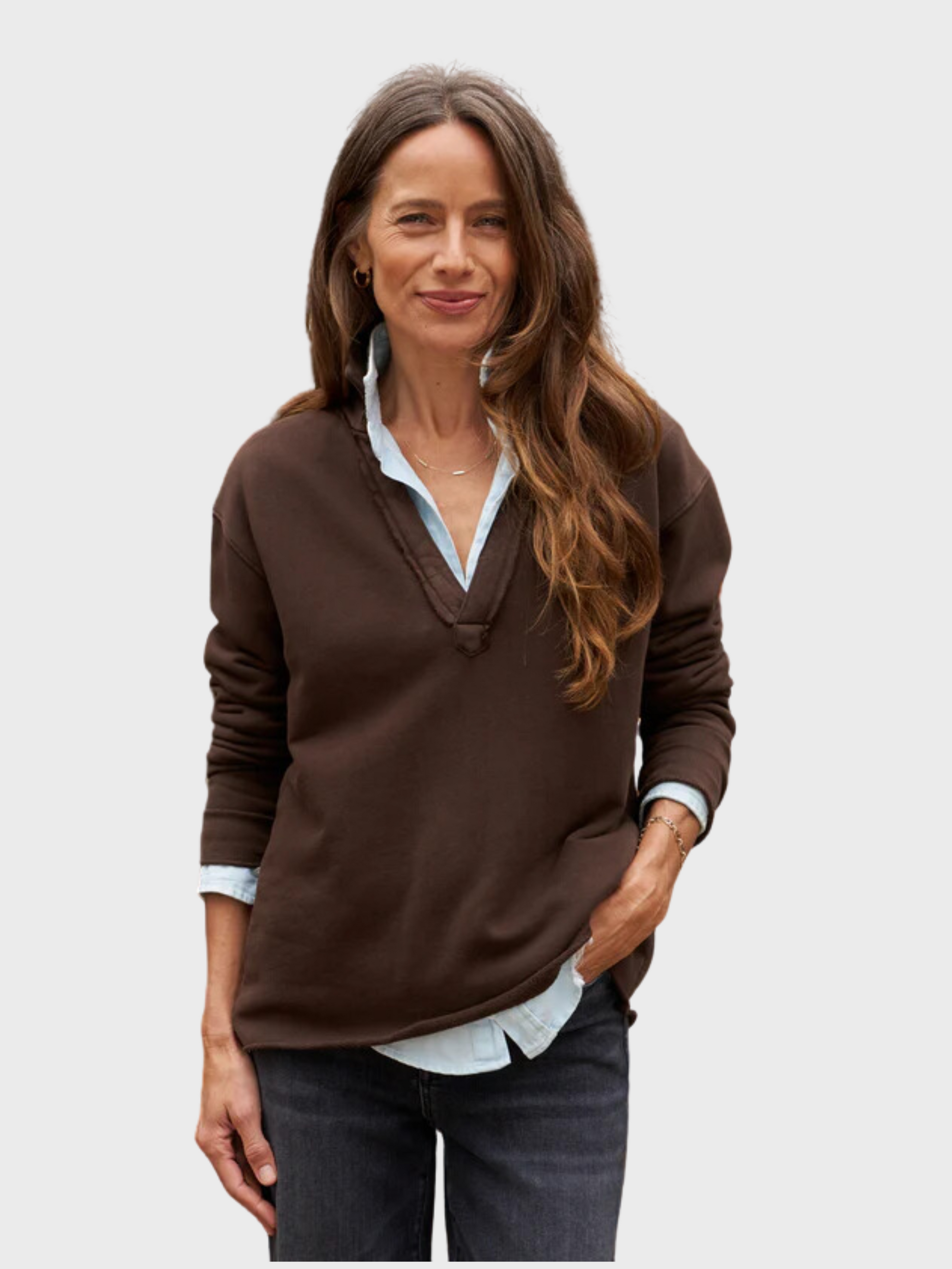 Frank & Eileen Patrick Popover Henley Sweatshirt Irish Chocolate-Sweatshirts-L-West of Woodward Boutique-Vancouver-Canada