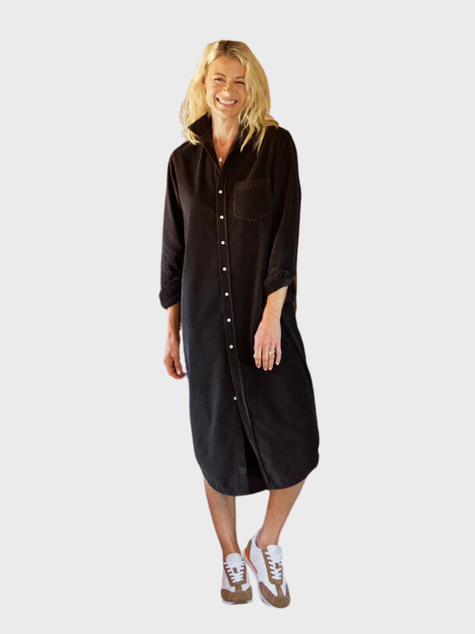 Frank & Eileen Rory Maxi Shirtdress Espresso Corduroy-Dresses-West of Woodward Boutique-Vancouver-Canada