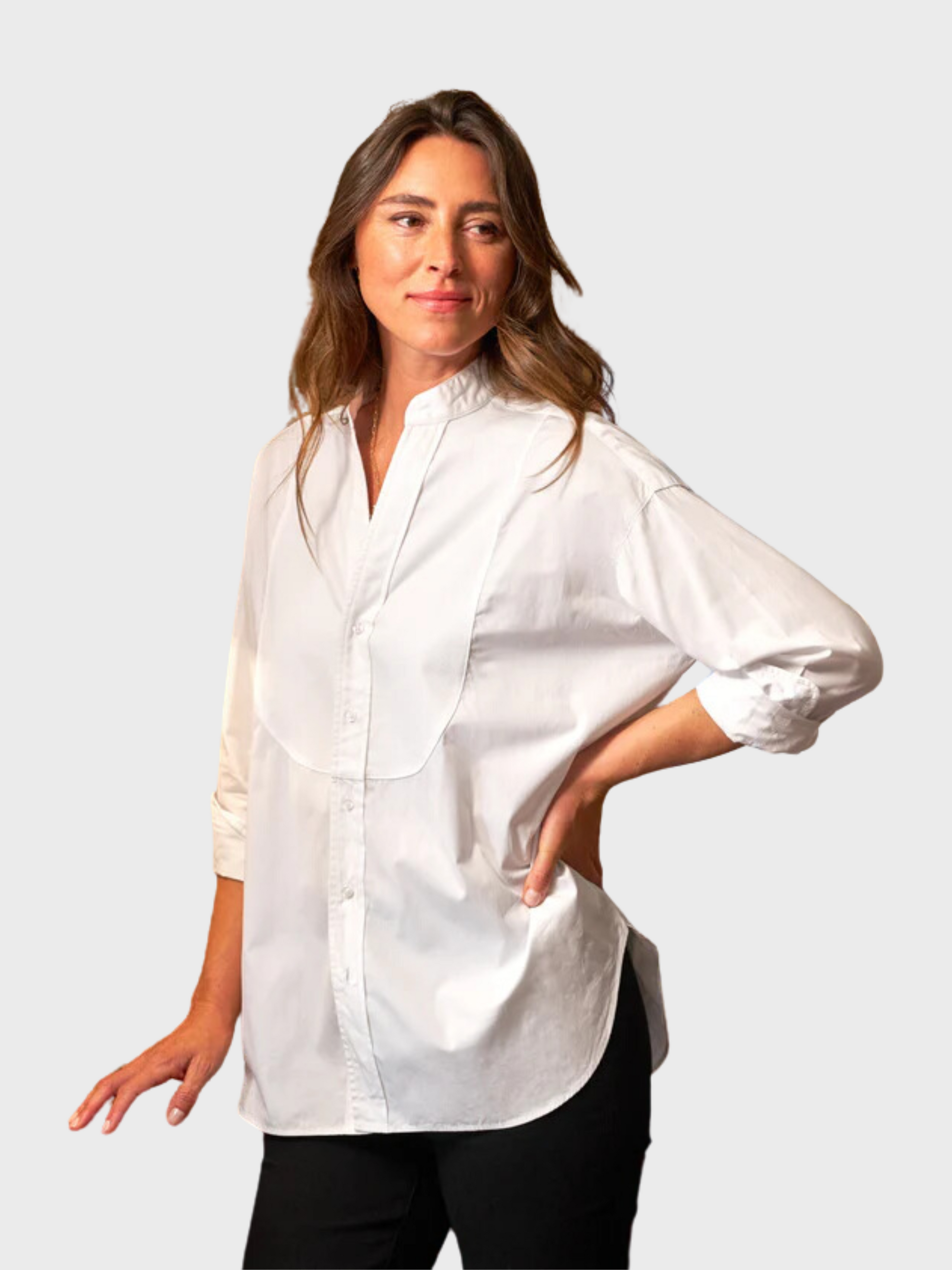 Frank & Eileen Victoria Collarless Button Down- White with White Bib-Shirts-West of Woodward Boutique-Vancouver-Canada