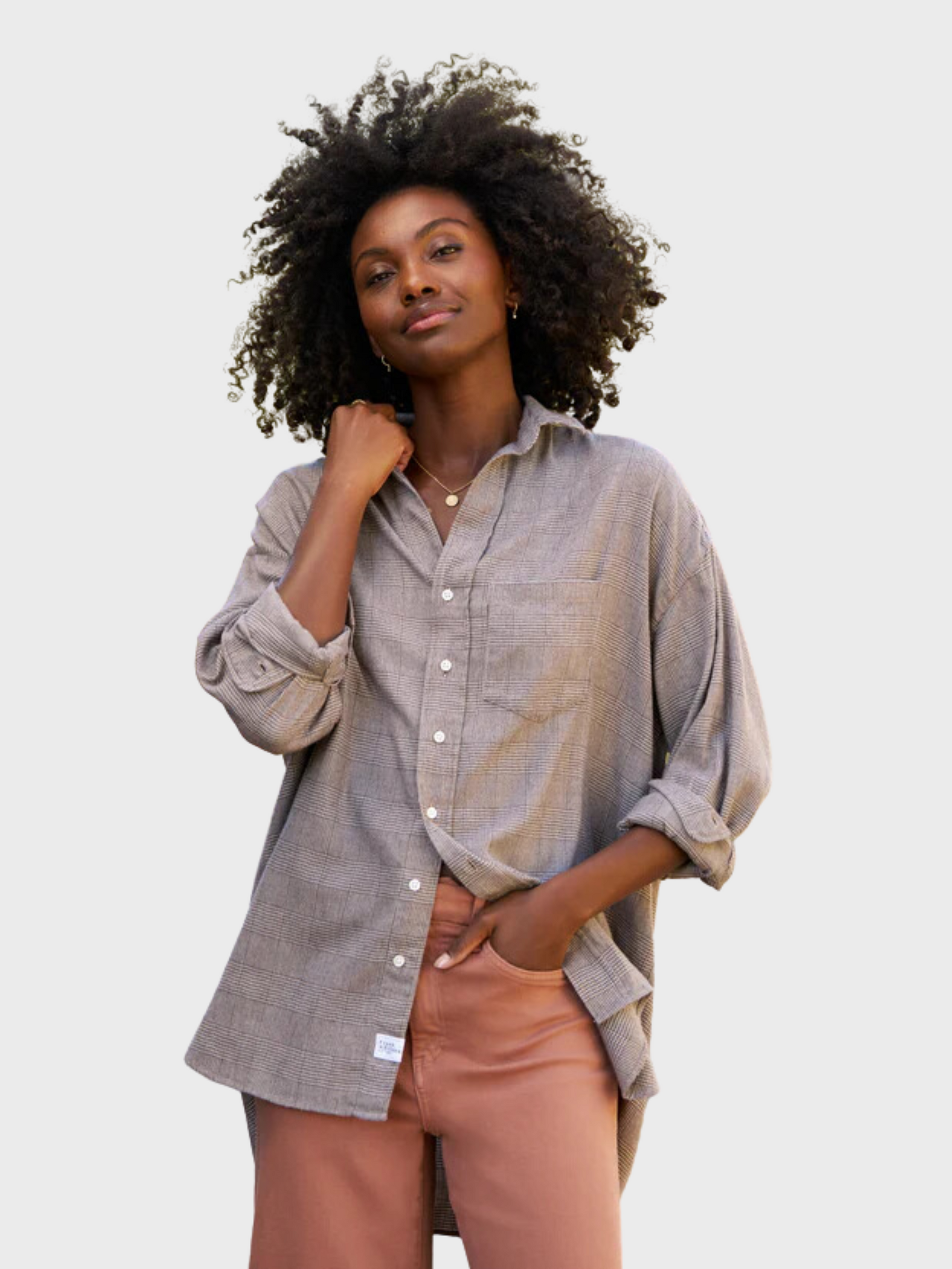 F&E Shirley Oversized Button-up Brown Herringbone-Shirts-West of Woodward Boutique-Vancouver-Canada