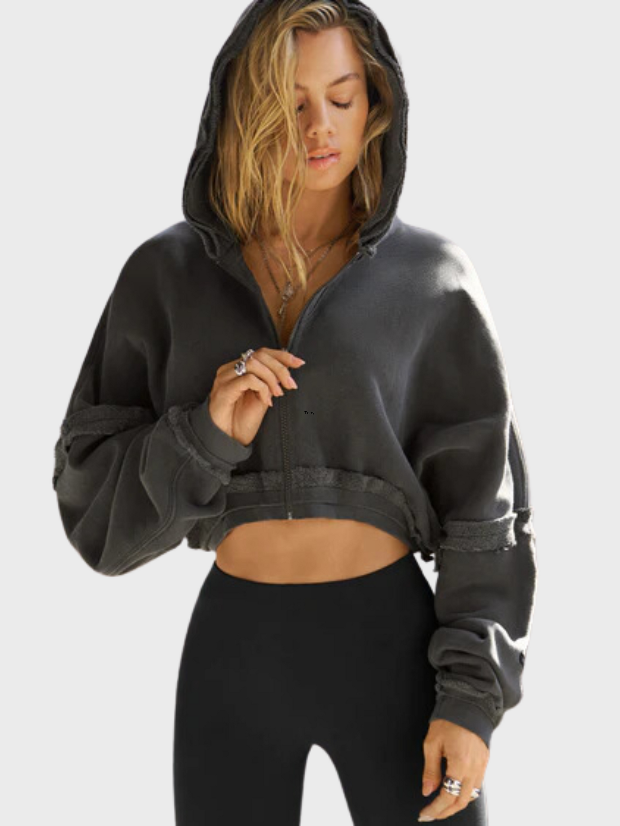 Joah Brown Deconstructed Crop Zip Hoodie- Washed Black-Sweatshirts-West of Woodward Boutique-Vancouver-Canada